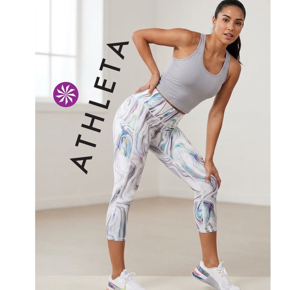 Athleta Salutation Stash Pocket Crop Leggings SP Iridescent Marble Swirl Grey